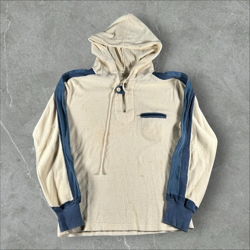 Vintage 60s Hoodie‎ XS Cream French Terry cloth Chinstrap 1960s Lightweight True